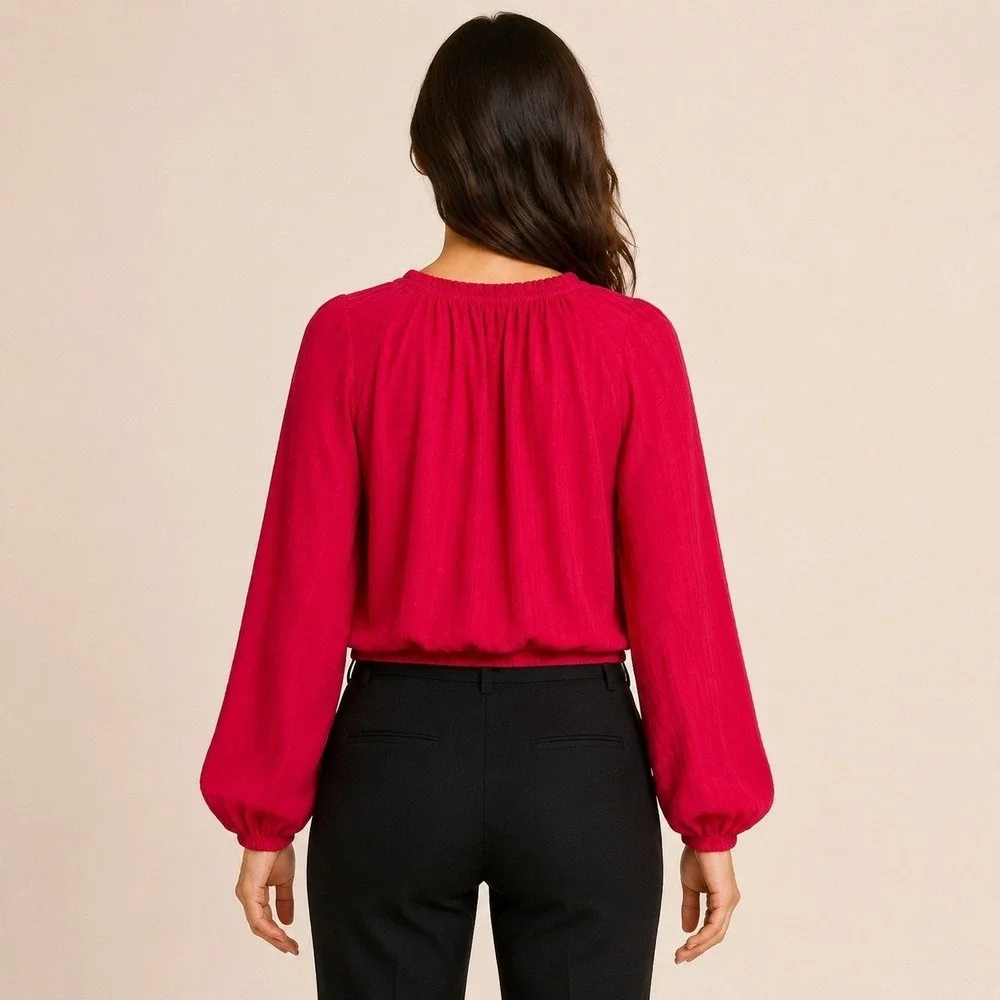 Michael Kors Deep Pink Clip Dot Blouse Long Sleeve Smocked Hem QT6410NL Womens M